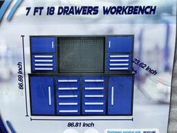 UNUSED 7FT Blue Work Bench w/ 18 Drawers