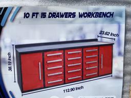 UNUSED 10FT Red Work Bench w/ 15 Drawers