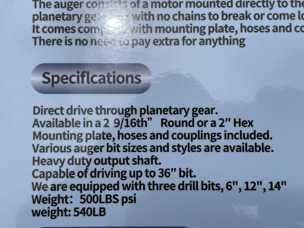 UNUSED Hydraulic Skid-Steer Blue Auger w/ 3 Bits