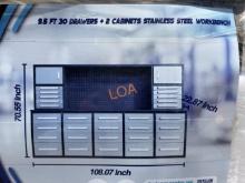 UNUSED 9.5FT SS Work Bench w/30 Drawers,2 Cabinets