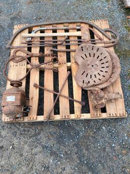 PALLET OF ASSORTED ANTIQUE FARM TOOLS