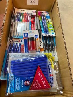 BOX LOT OF PENS, MARKERS, AND A TUB PENCIL SHARPENER