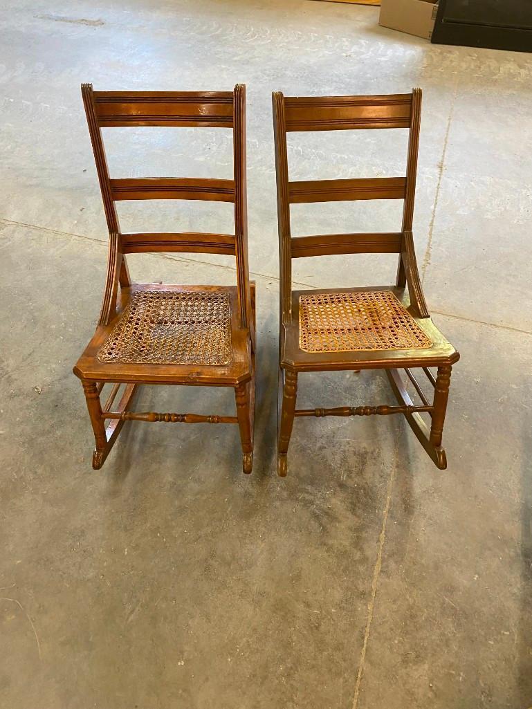 2 WOODEN PATIO ROCKING CHAIRS WITH A WICKER SEAT