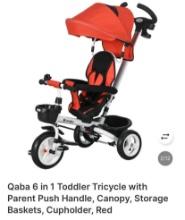 6-IN-1 TODDLER RED TRICYCLE WITH PARENT PUSH HANDLE, CANOPY, STORAGE BASKET, AND CUPHOLDER