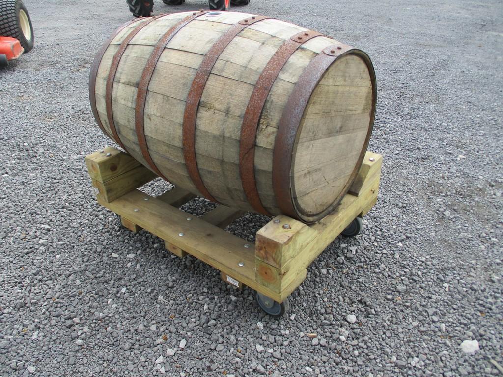 WHISKEY BARREL W RACK ON WHEELS