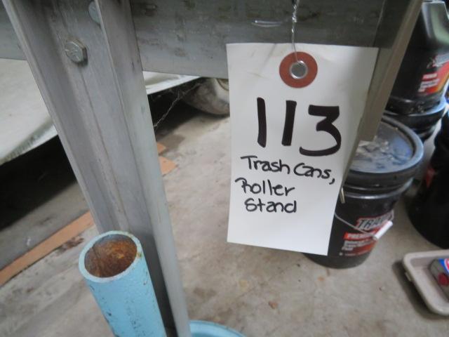 Galvanized trash cans, roller stand