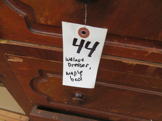 Walnut victorian dresser w/mirror, Maple bed frame