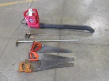 Electric blower, hand saws, bar clamps