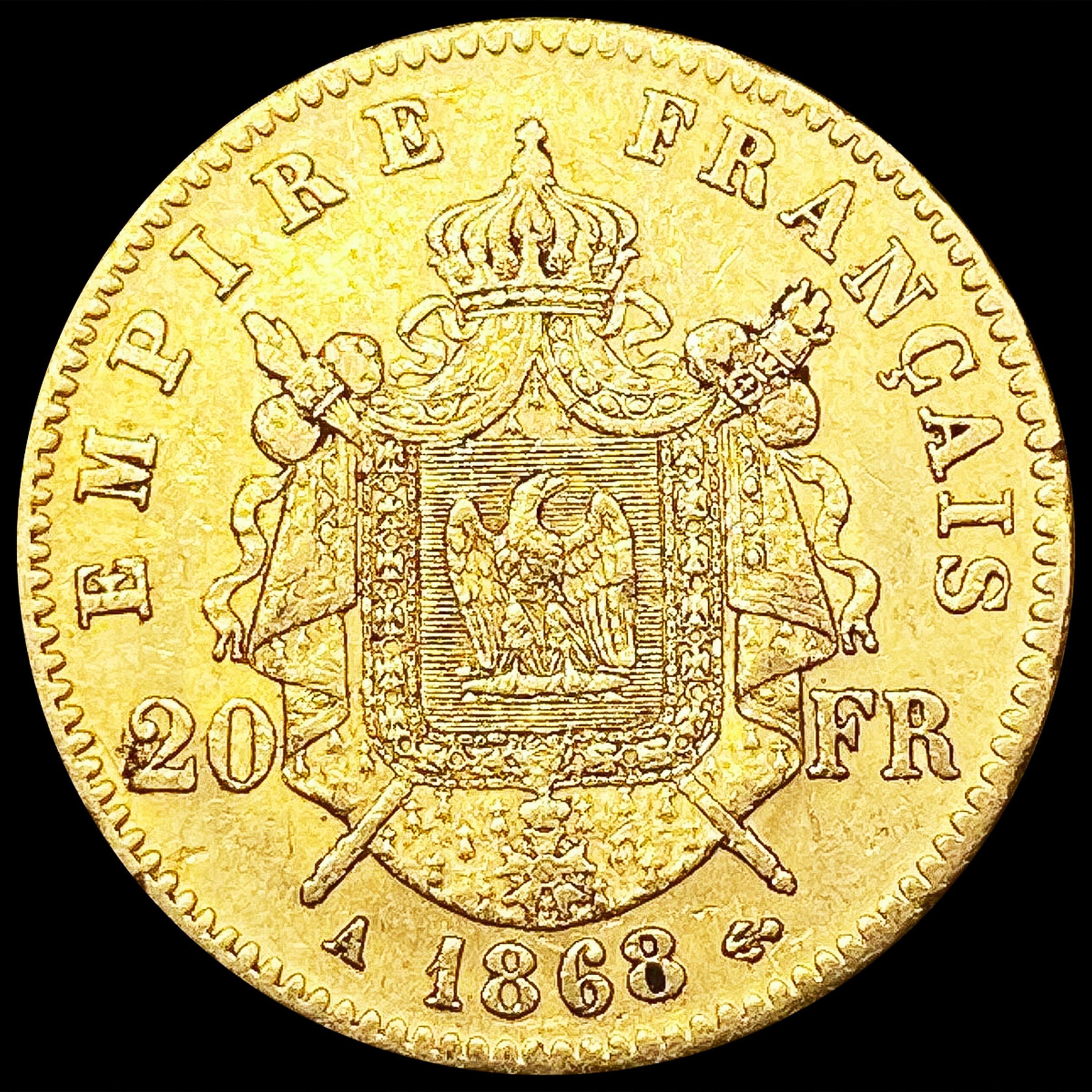 1868 France .1867oz Gold 20 Francs CLOSELY UNCIRCU