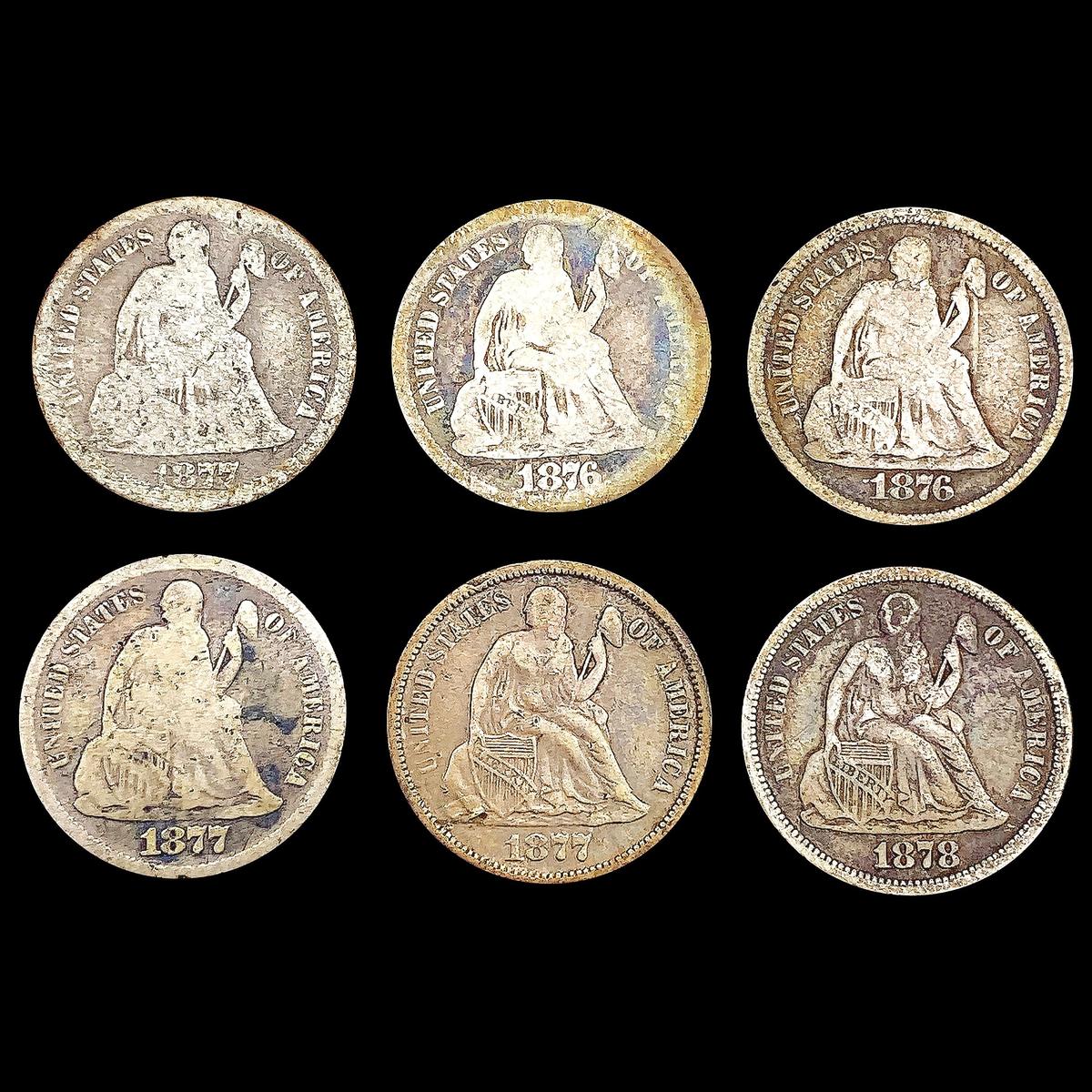 [6] Seated Lib Dimes [1876-S, 1876-CC, 1877, 1877-