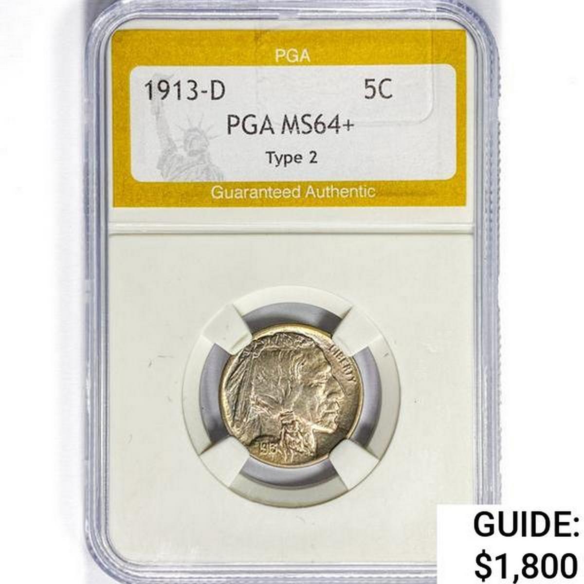 1913-D Buffalo Nickel PGA MS64+ Type 2