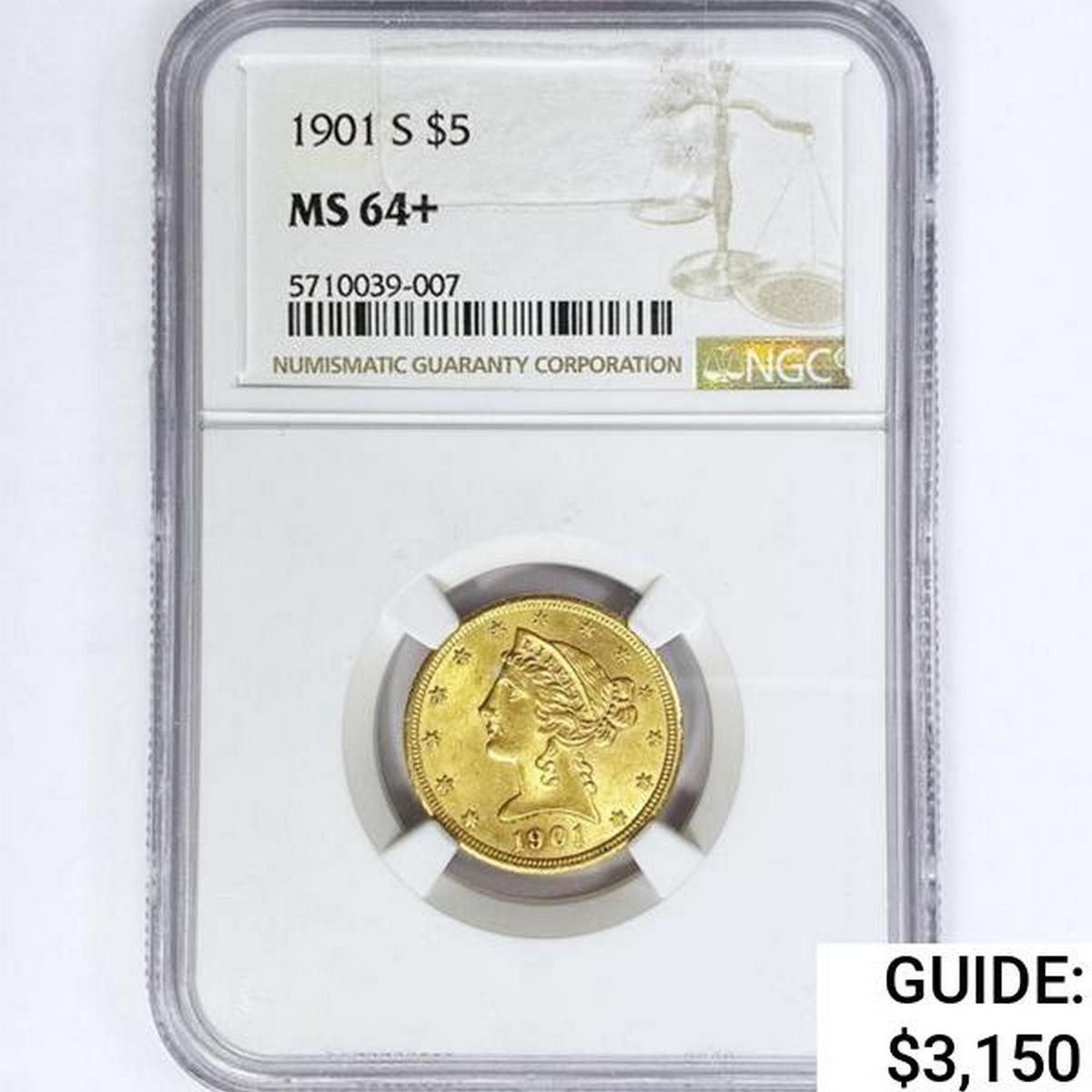 1901-S $5 Gold Half Eagle NGC MS64+