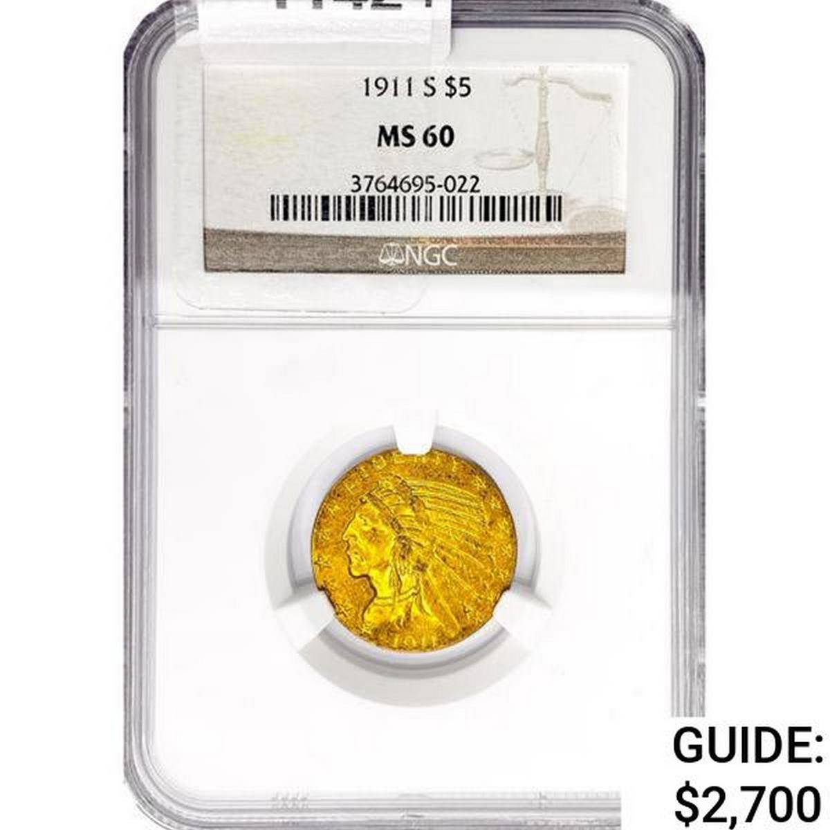 1911-S $5 Gold Half Eagle NGC MS60