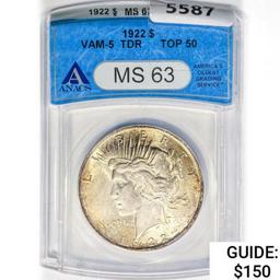 1922 Silver Peace Dollar ANACS MS63 VAM-5 TDR