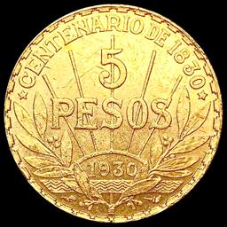 1930 Uruguay .2502oz Gold 5 Pesos CHOICE AU