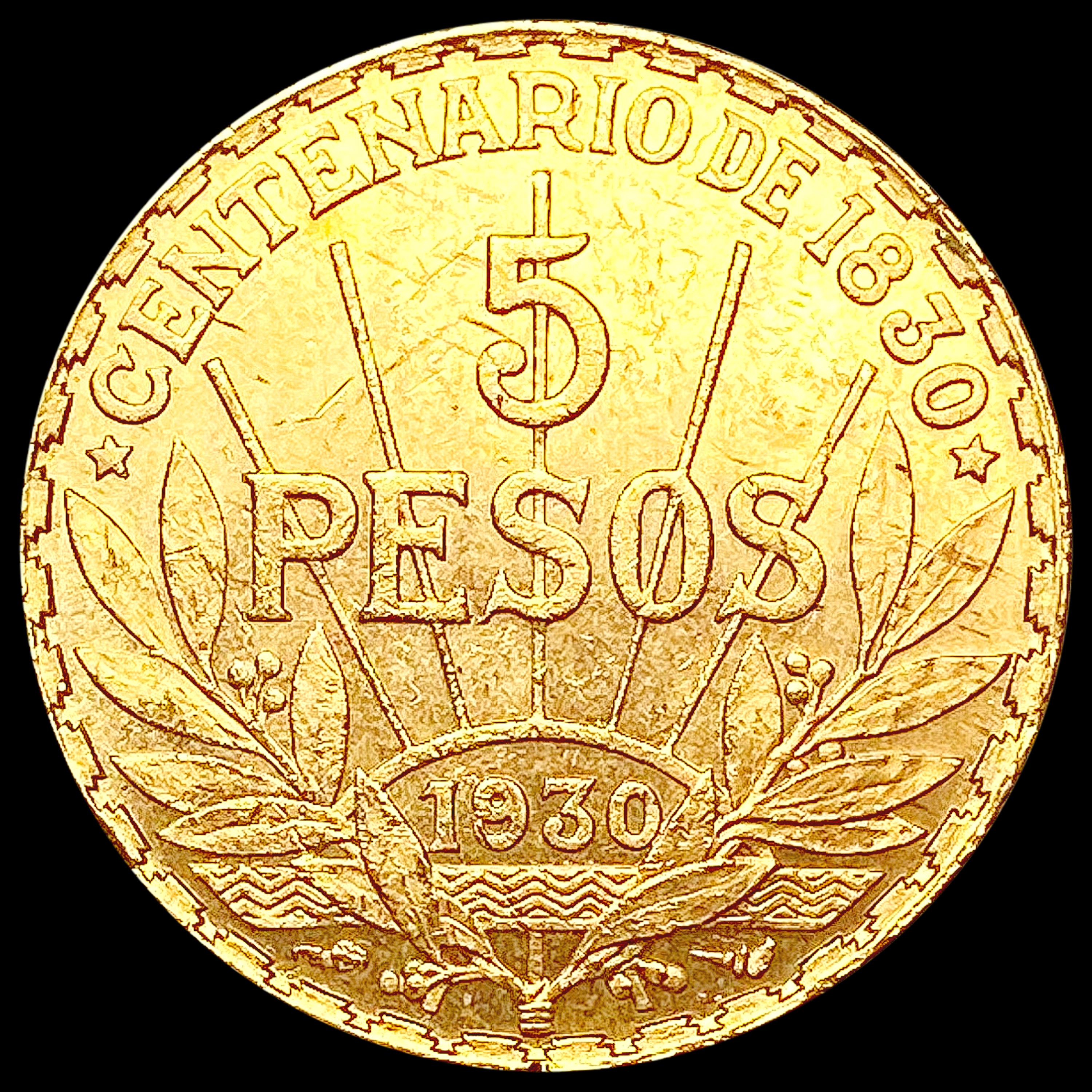 1930 Uruguay .2502oz Gold 5 Pesos CHOICE AU