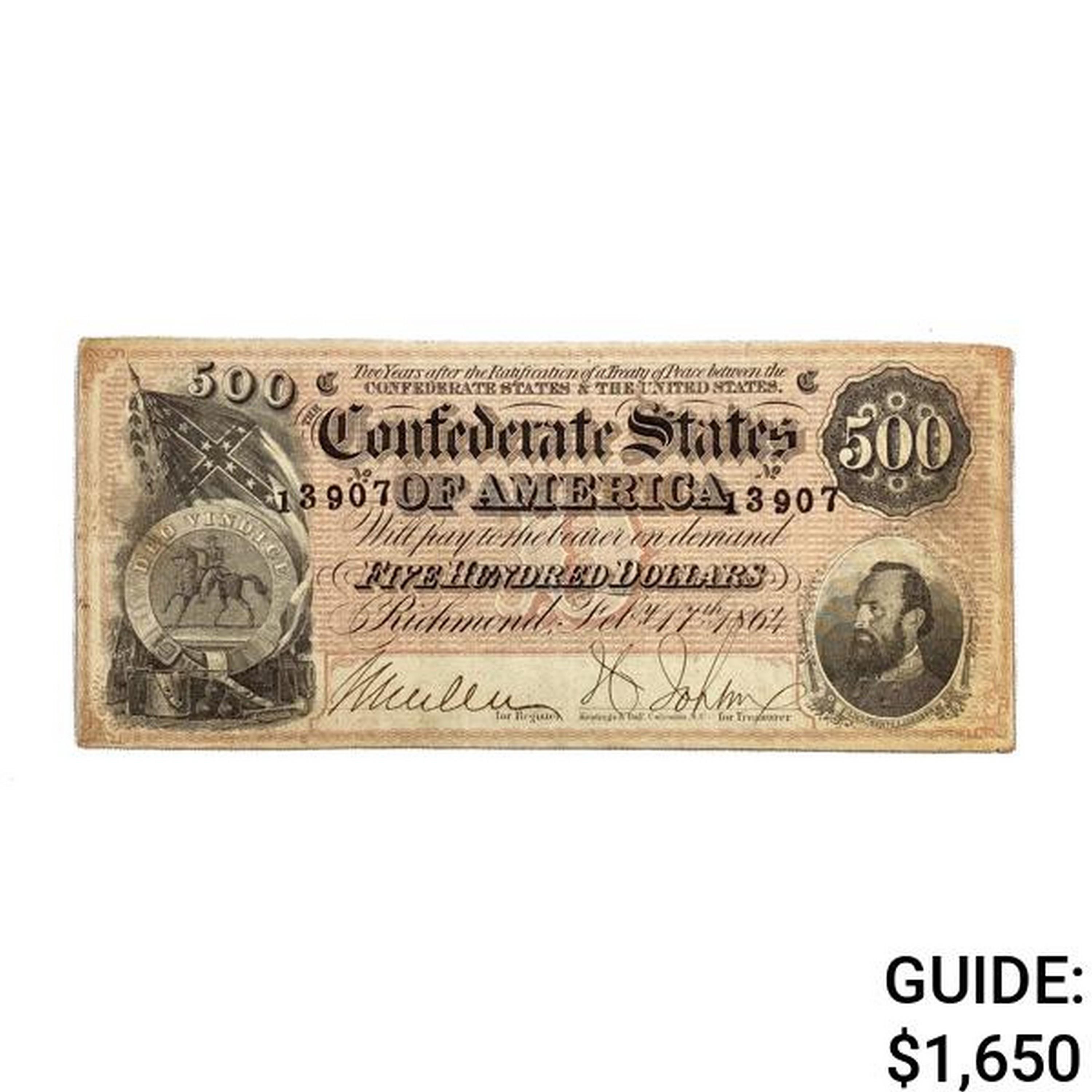 1864 $500 CSA NOTE DIXIE REBEL EF