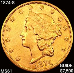 1874-S $20 Gold Double Eagle UNCIRCULATED