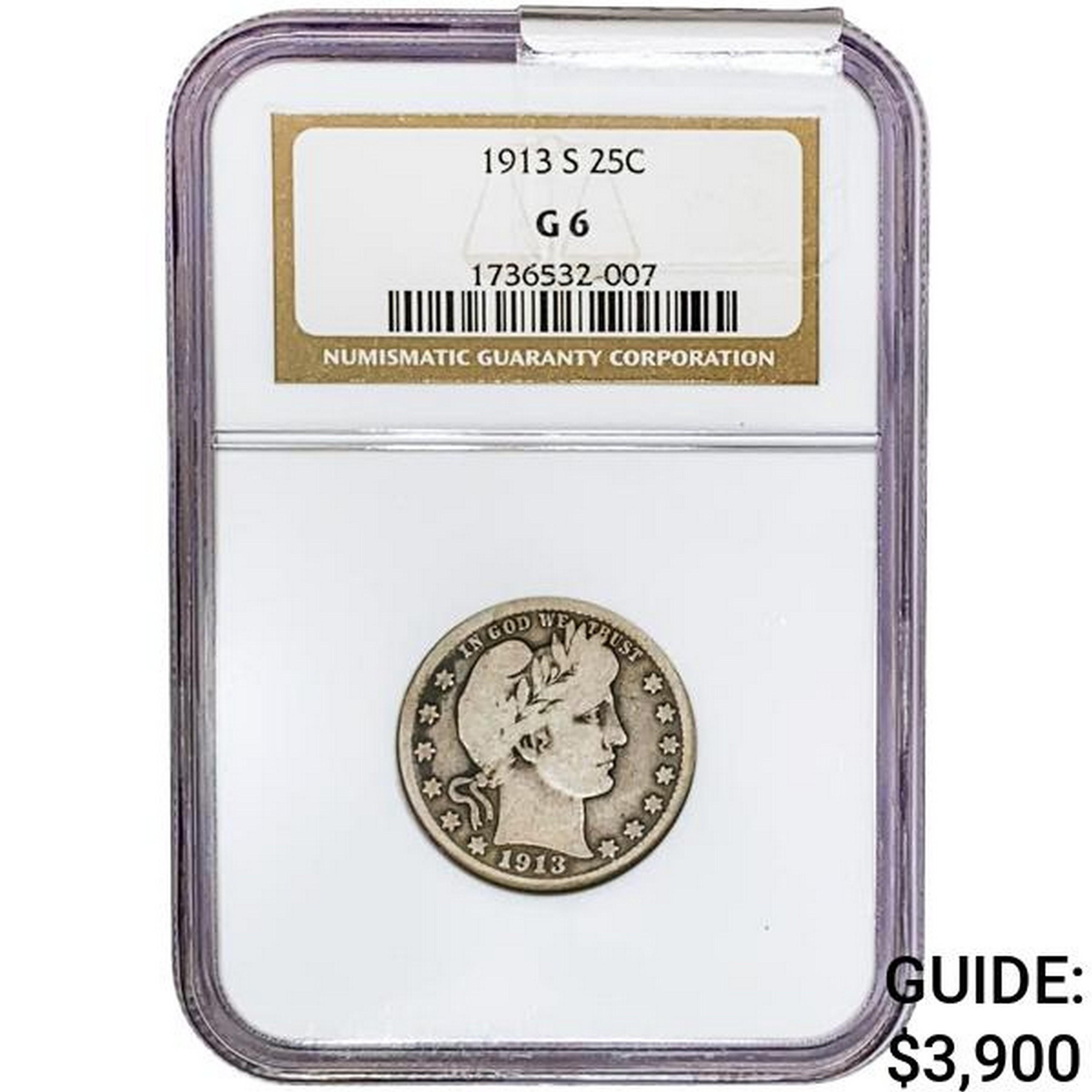 1913-S Barber Quarter NGC G6