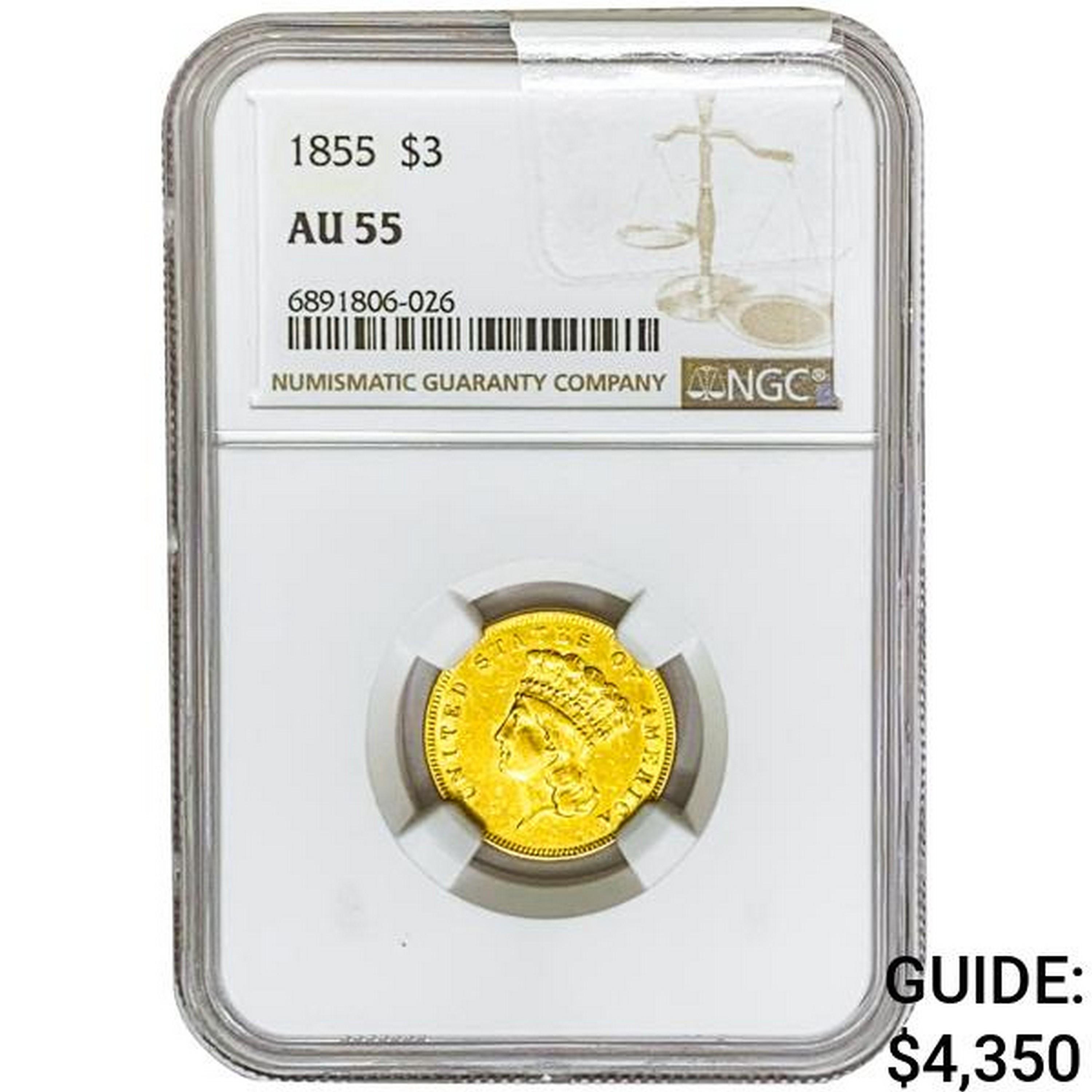 1855 $3 Gold Piece NGC AU55