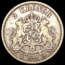 1877 Sweden SILV 2 Kronor LIGHTLY CIRCULATED