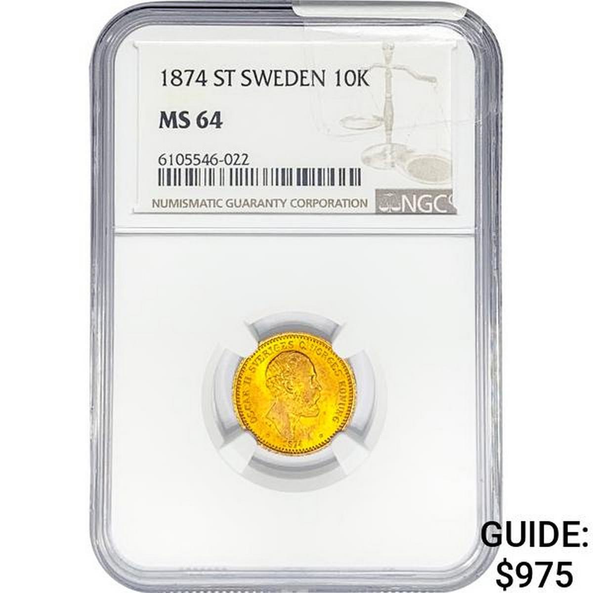 1874 .1296oz. Gold ST Sweden 10 Kroner NGC MS64