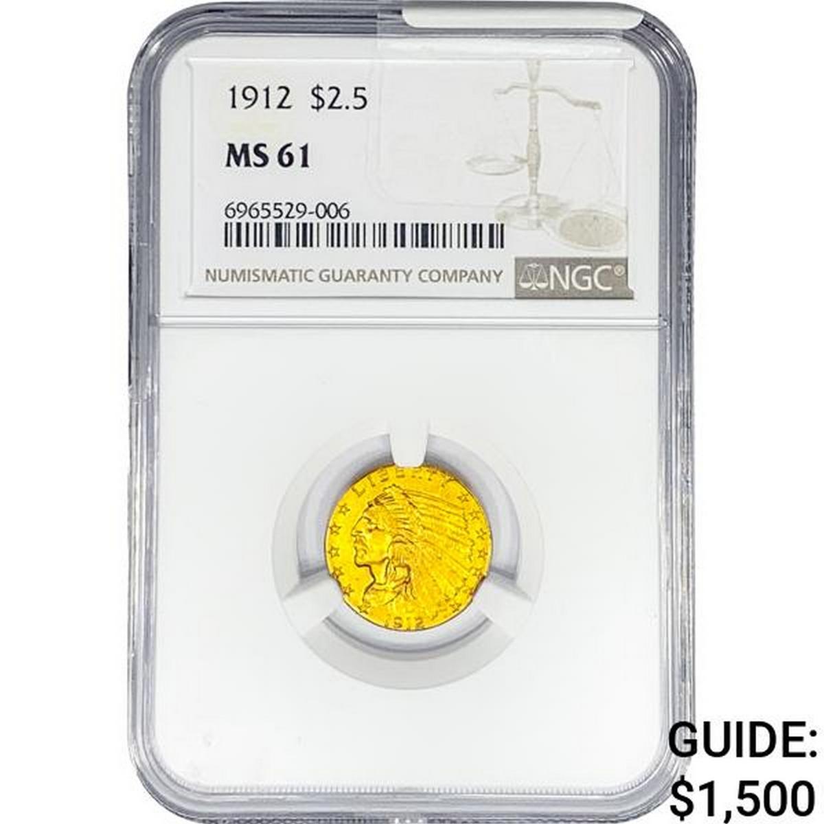 1912 $2.50 Gold Quarter Eagle NGC MS61