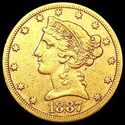 1887-S $5 Gold Half Eagle LIGHTLY CIRCULATED