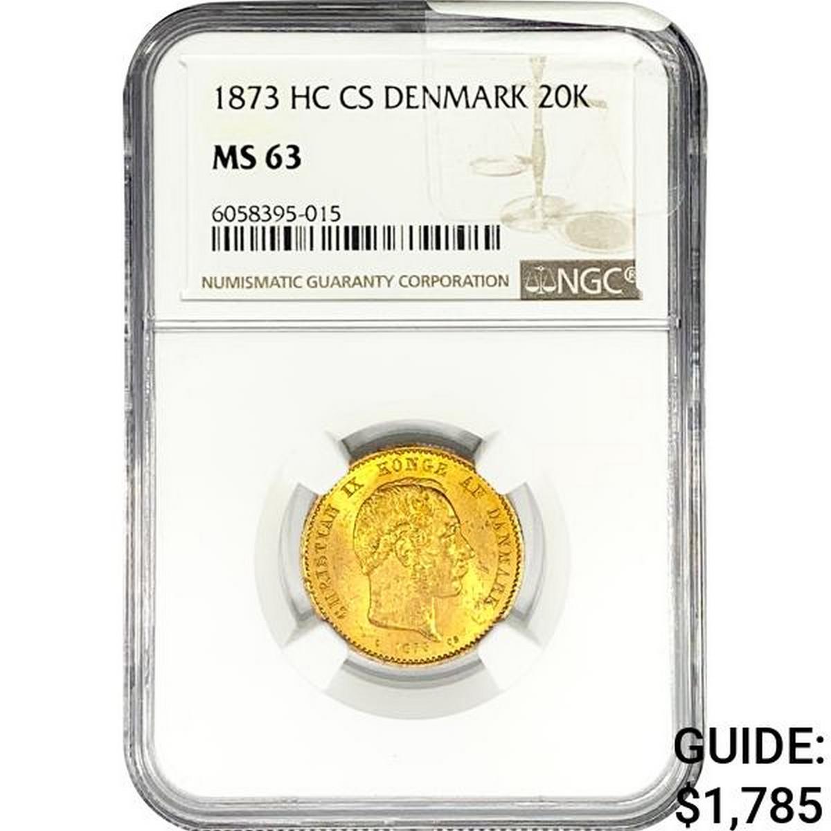 1873 .2593oz. Gold HC CS Denmark 20 Kroner NGC MS6