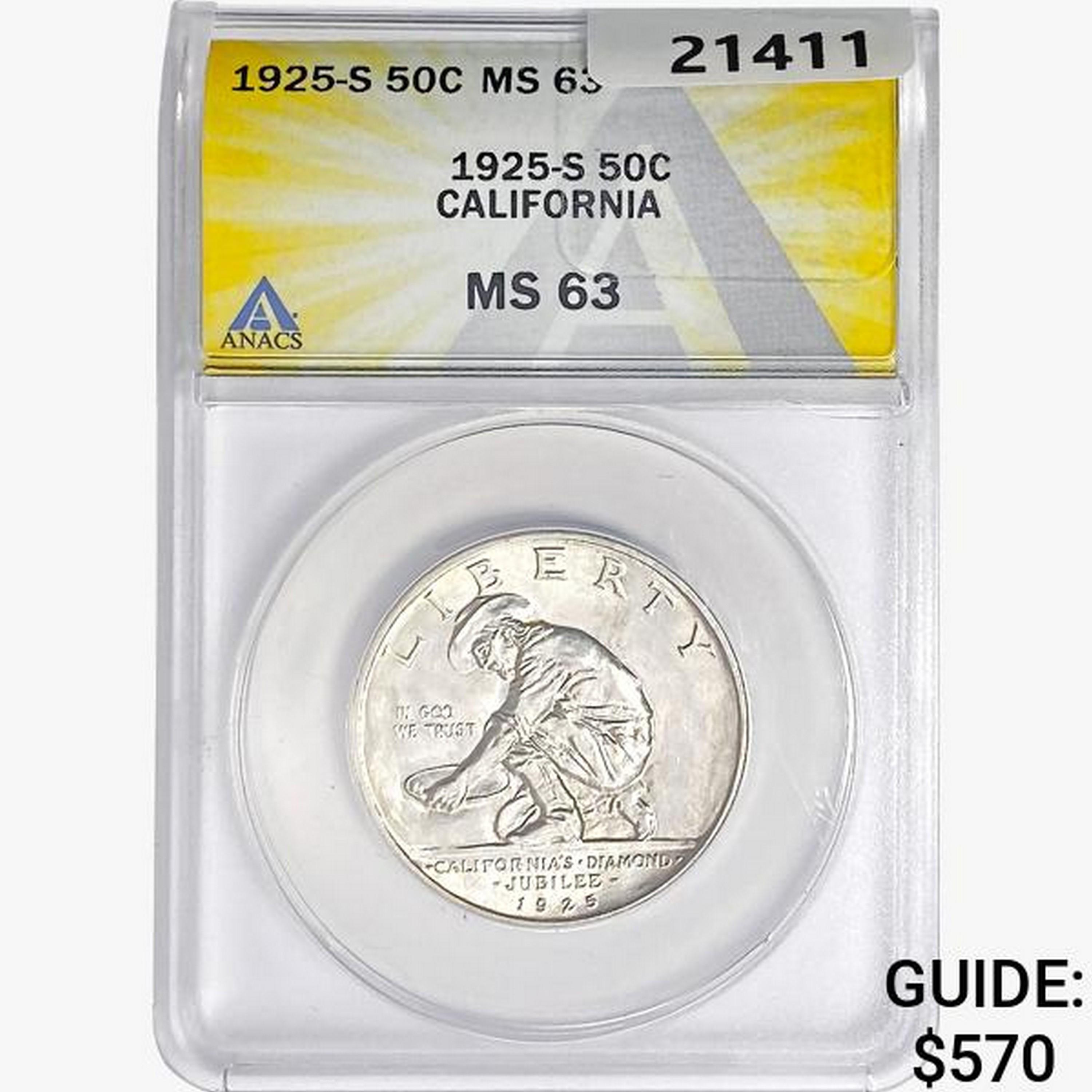 1925-S Jubilee Half Dollar ANACS MS63