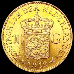 1912 Netherlands .1947oz Gold 10 Gulden CHOICE AU