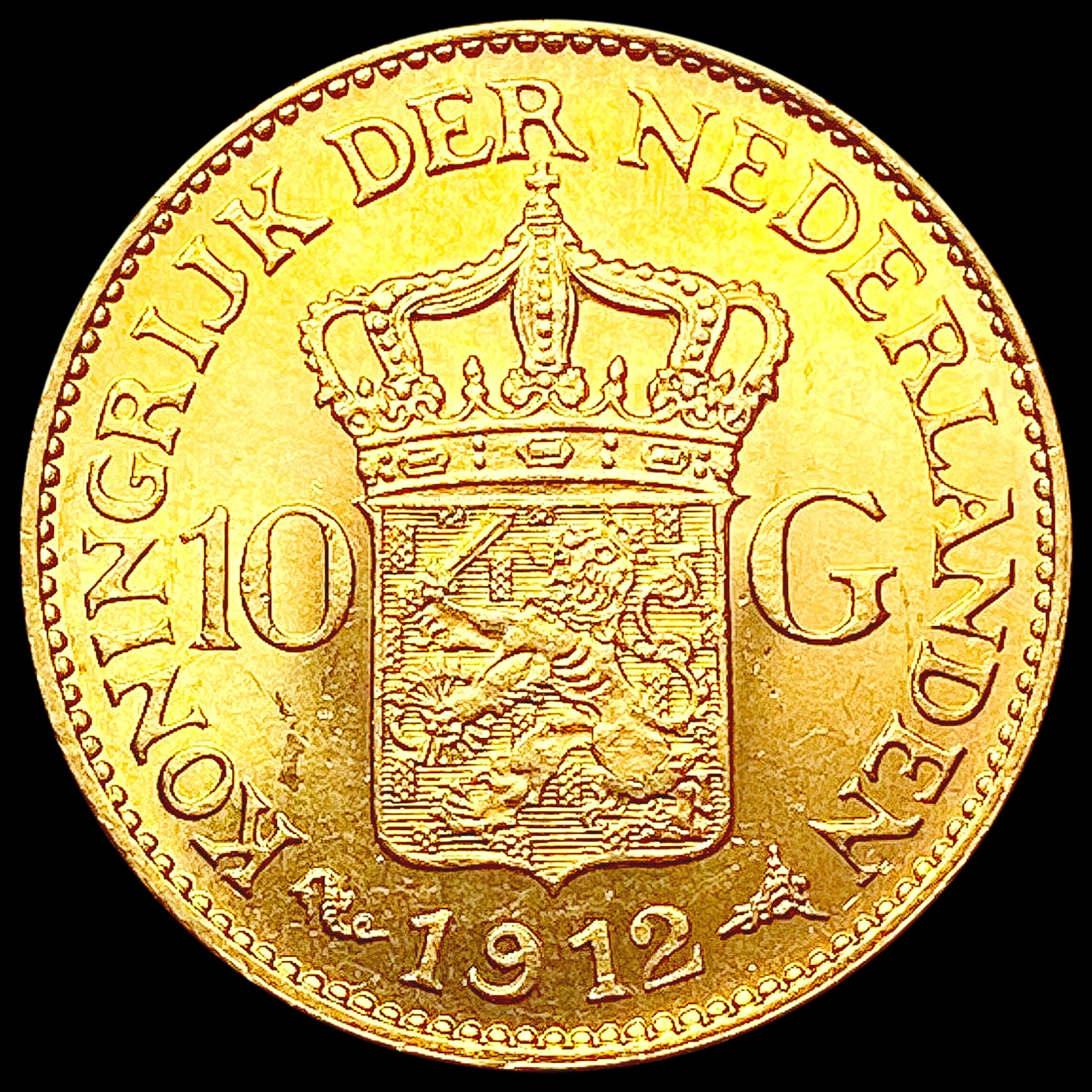 1912 Netherlands .1947oz Gold 10 Gulden CHOICE AU