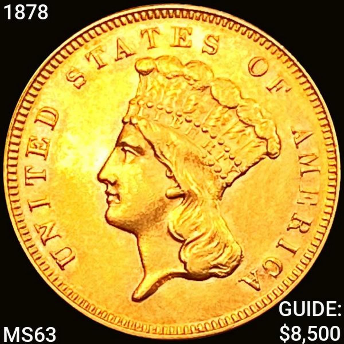 1878 $3 Gold Piece CHOICE BU