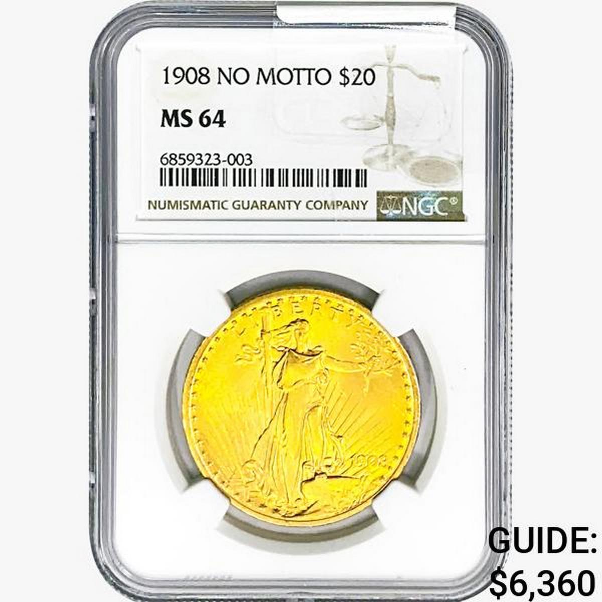 1908 $20 Gold Double Eagle NGC MS64 No Motto