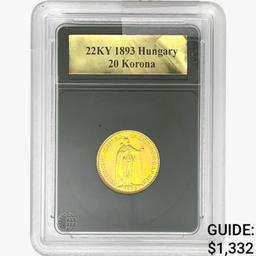 1893 .1960oz. Gold 22KY Hungary 20 Korona Blank