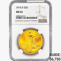 1914-D $20 Gold Double Eagle NGC MS63