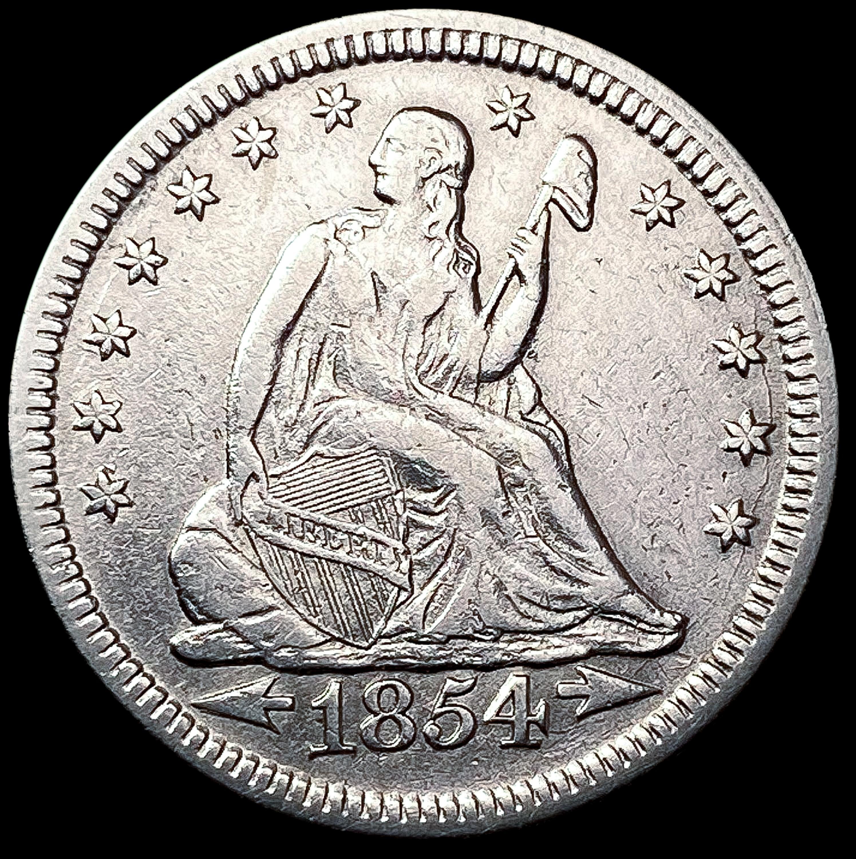 1854 Arws Seated Liberty Quarter CLOSELY UNCIRCULA