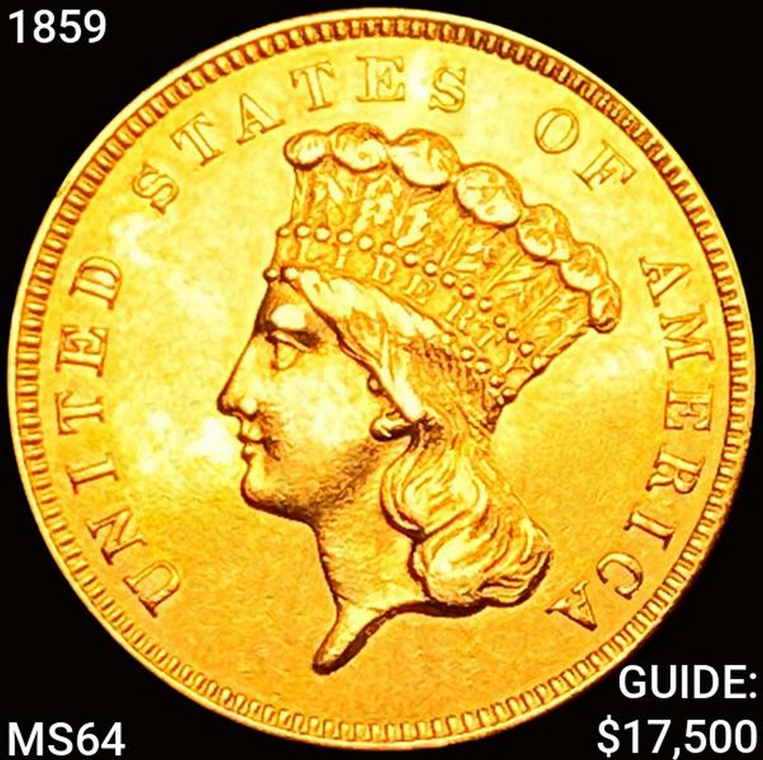 1859 $3 Gold Piece CHOICE BU