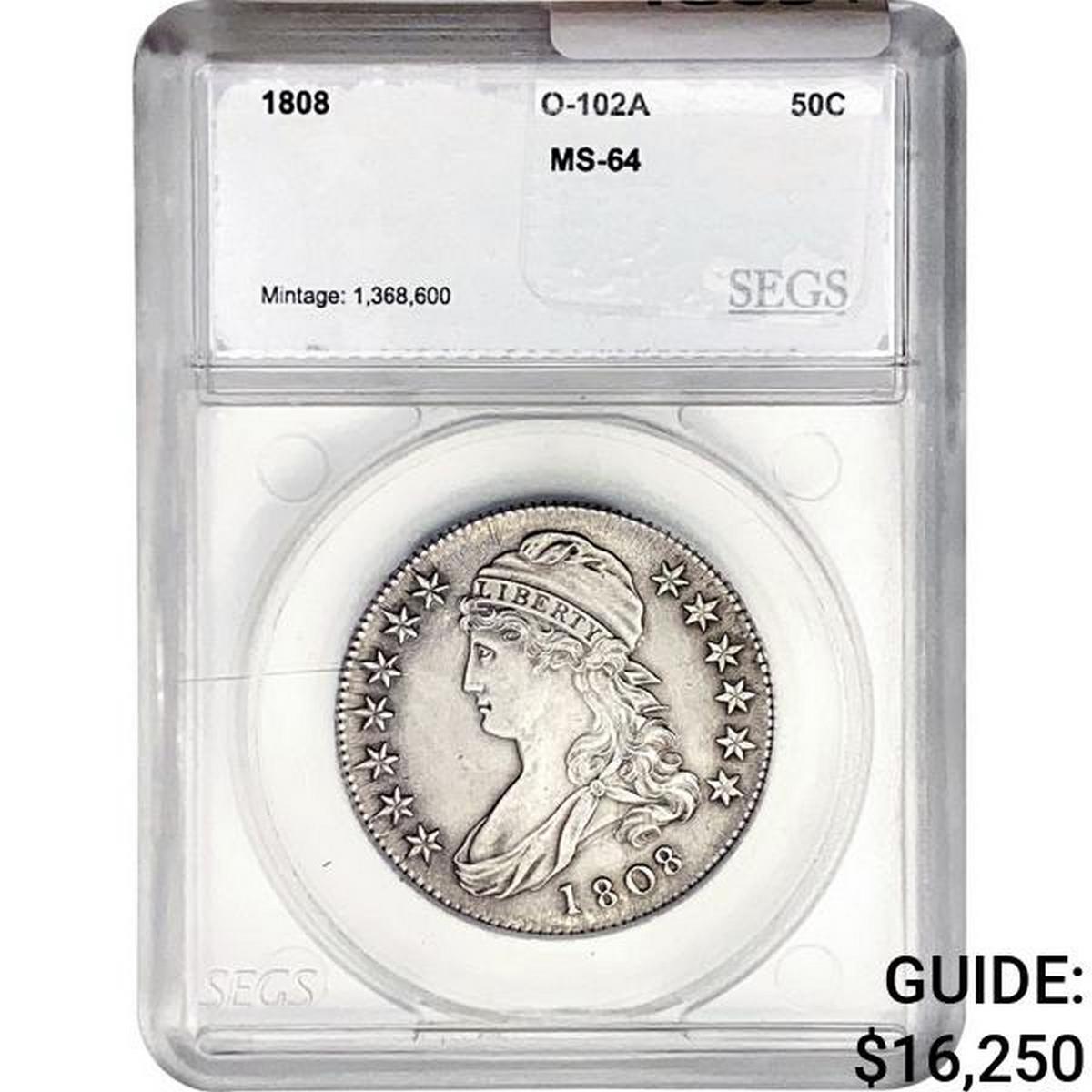 1808 Capped Bust Half Dollar SEGS MS64 O-102A