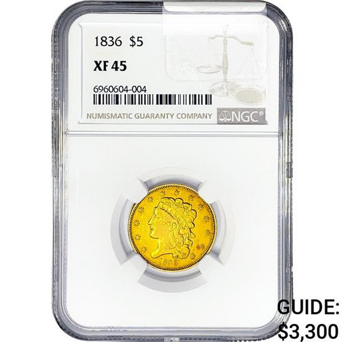 1836 $5 Gold Half Eagle NGC XF45