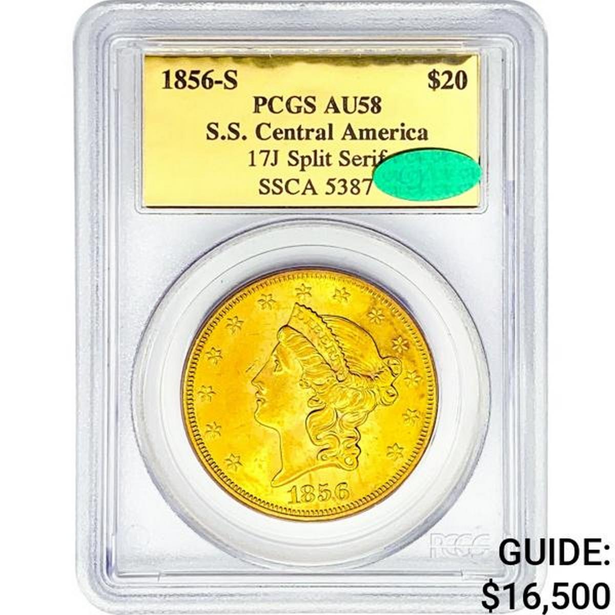 1856-S CAC $20 Gold Double Eagle PCGS AU58 S.S. Ce