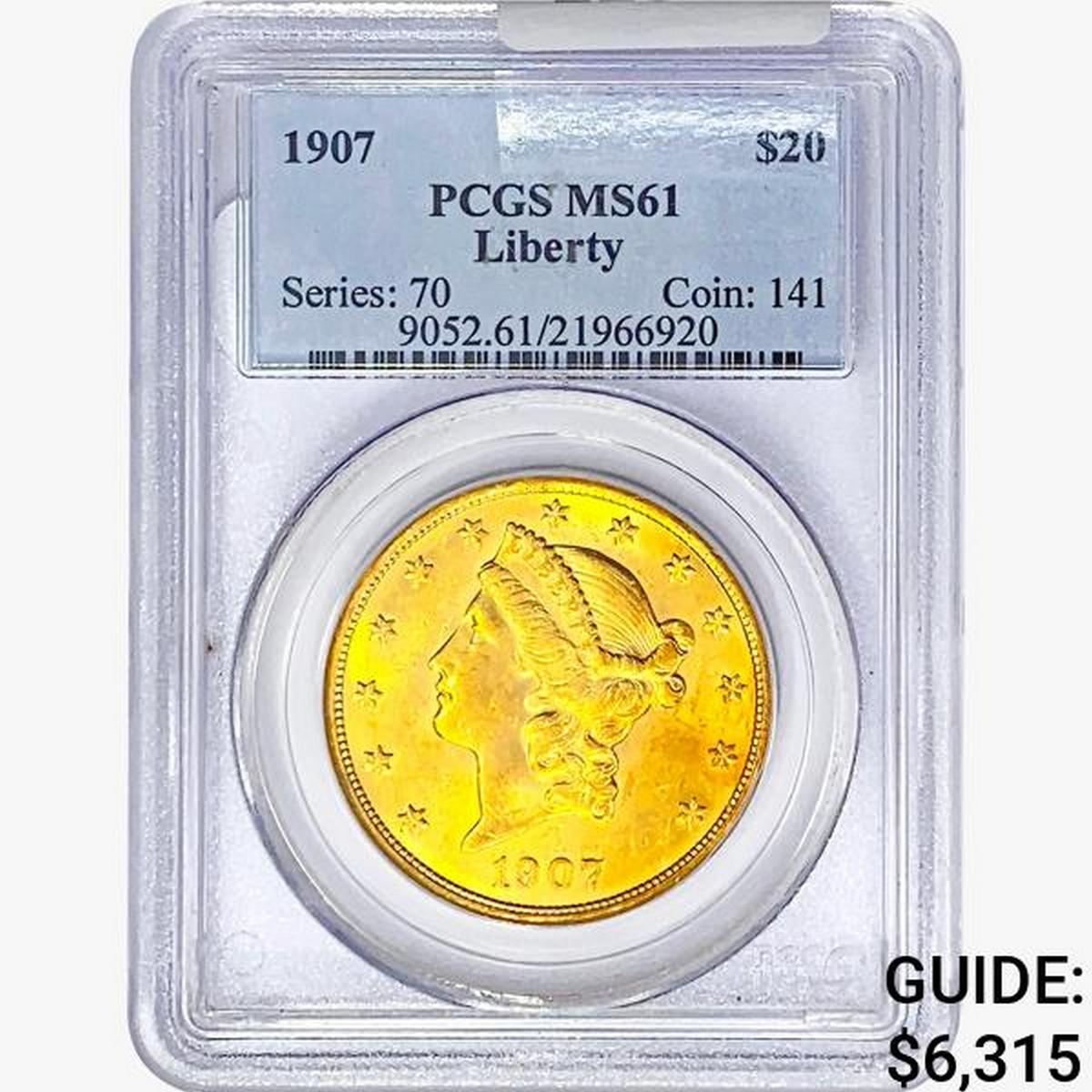 1907 $20 Gold Double Eagle PCGS MS61 Liberty