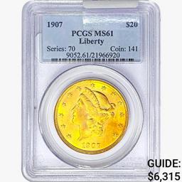 1907 $20 Gold Double Eagle PCGS MS61 Liberty