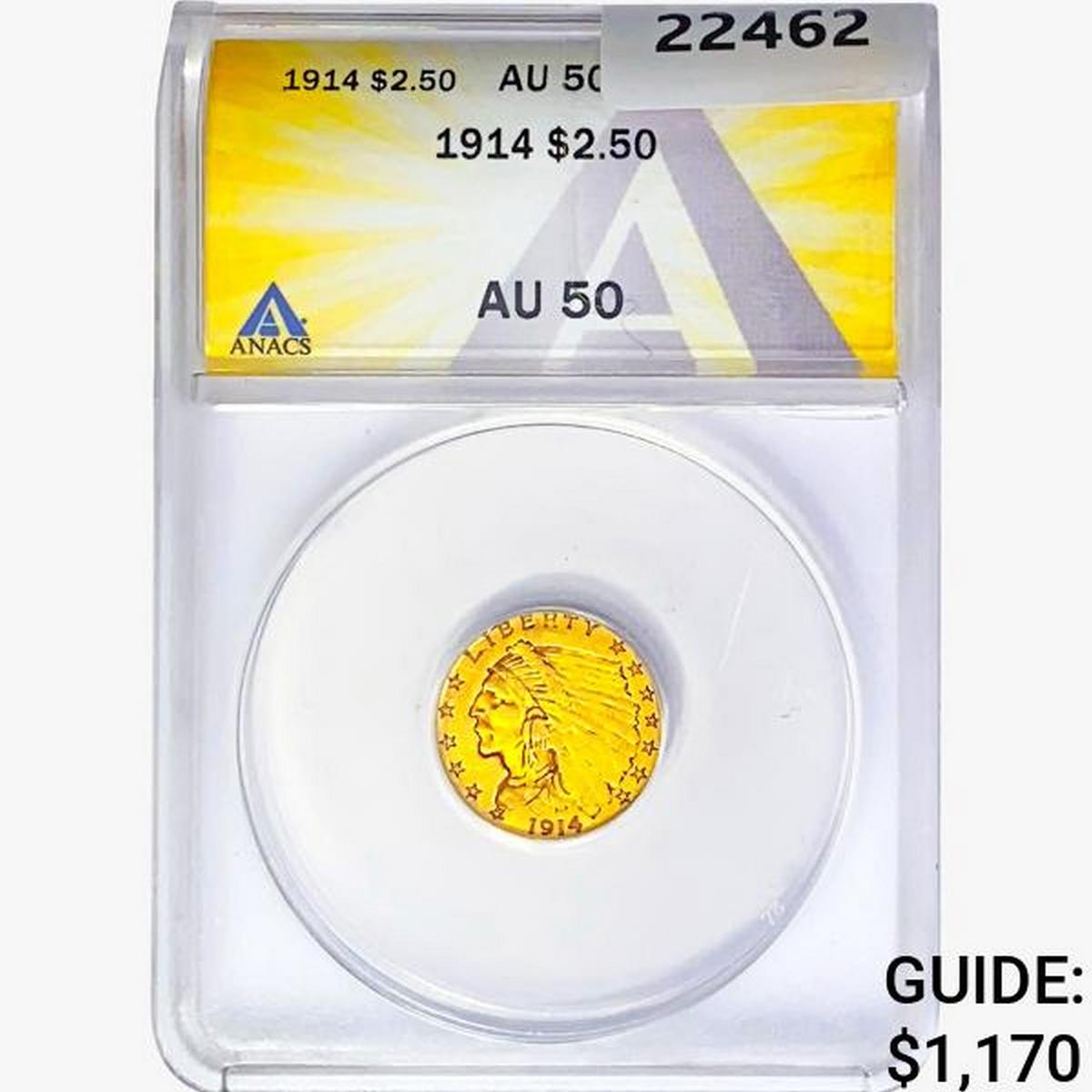 1914 $2.50 Gold Quarter Eagle ANACS AU50