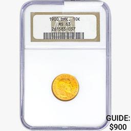 1900 .1296oz. Gold Denmark 10 Kroner NGC MS63