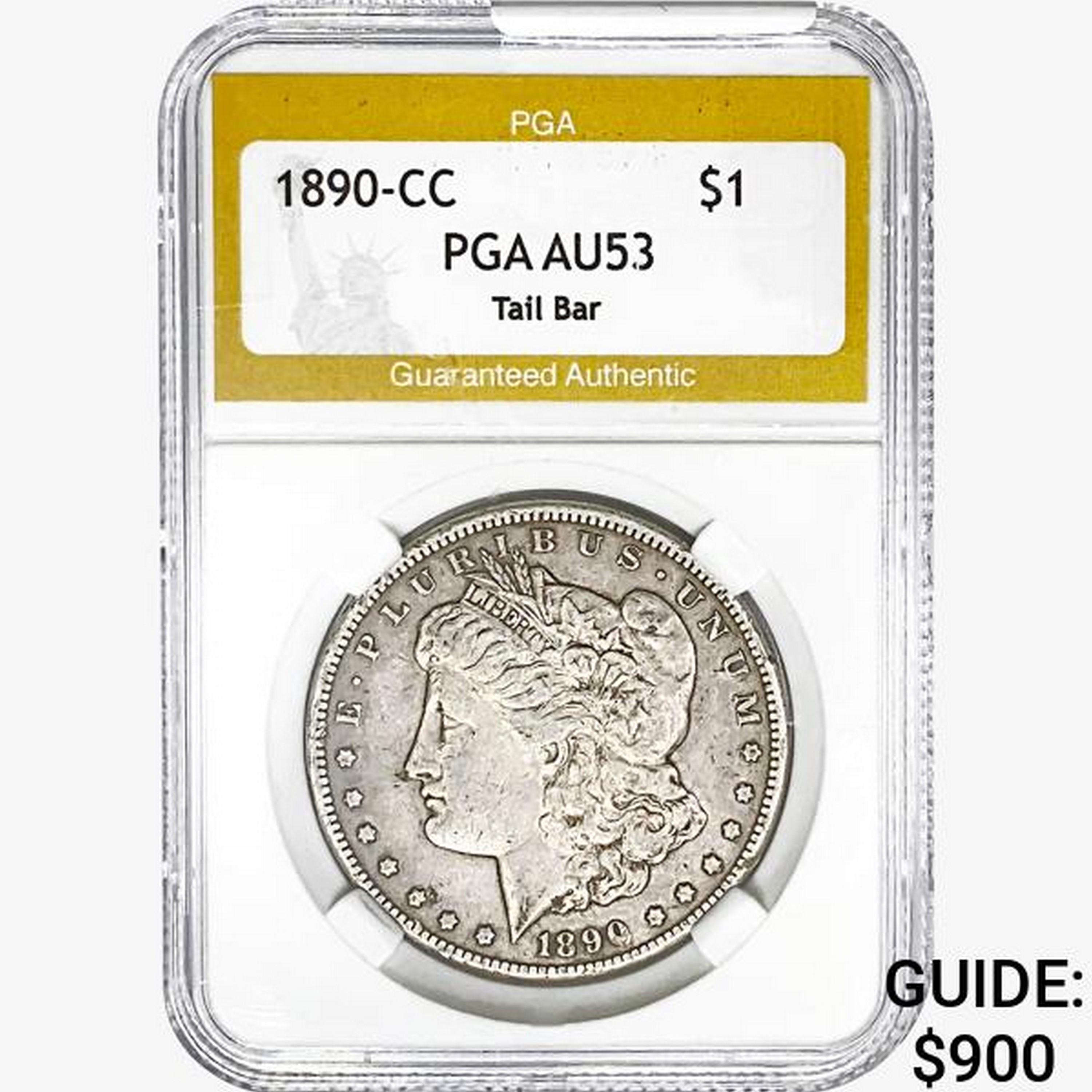 1890-CC Morgan Silver Dollar PGA AU53 Tail Bar