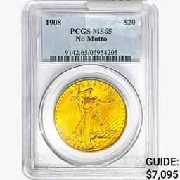 1908 $20 Gold Double Eagle PCGS MS65 No Motto