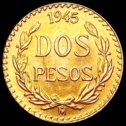 1945 Mexico Two Pesos .0482oz Gold GEM BU