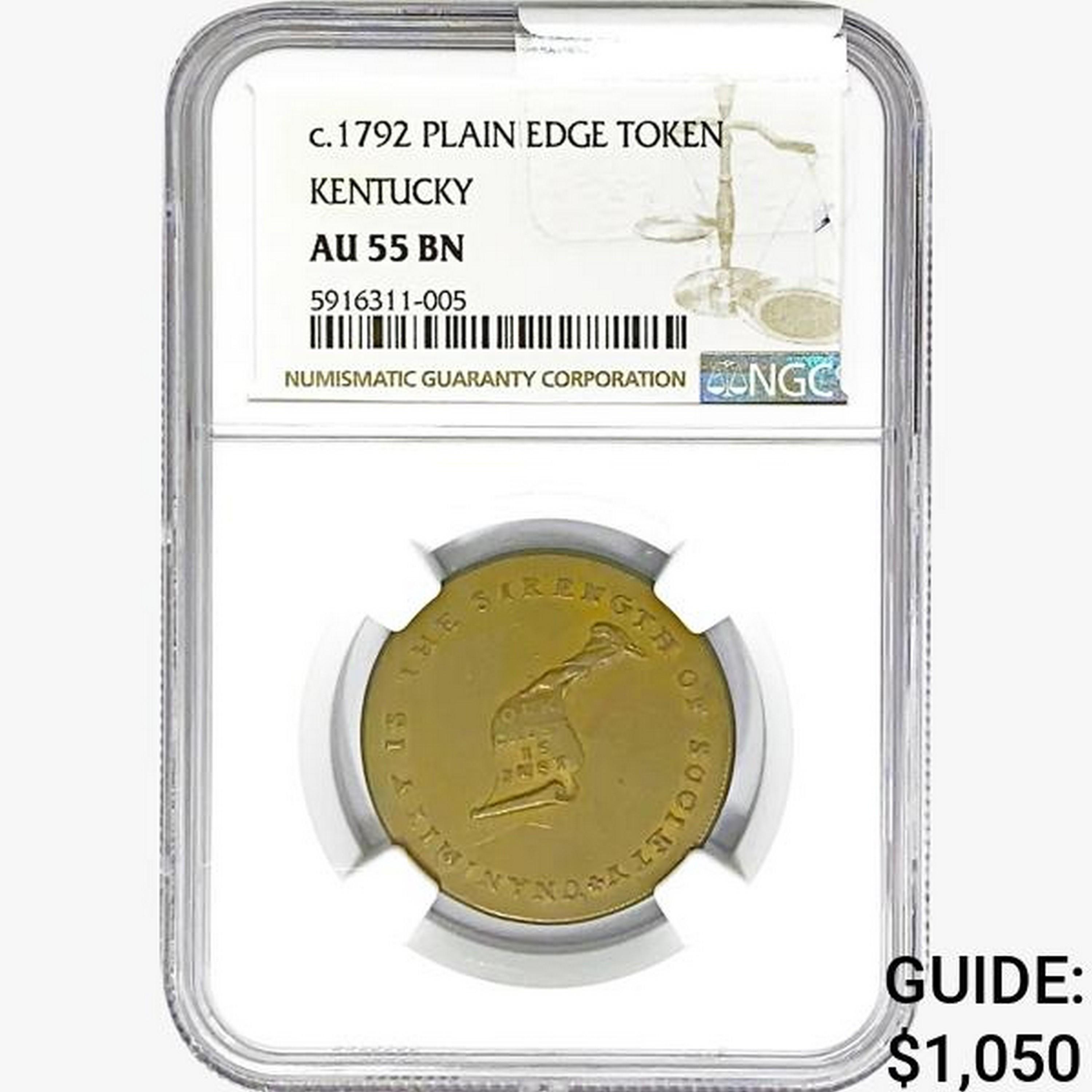 c.1792 Token Kentucky Plain Edge NGC AU55 BN