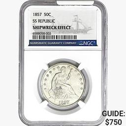 1857 Seated Lib. 50C NGC Shipwreck Effect SS REP.